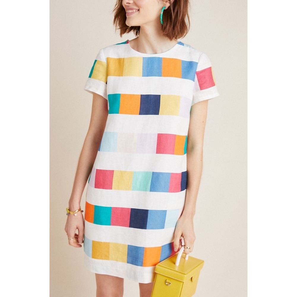 Anthropologie Corey Lynn Calter Linen Patchwork Block Print Mini Shift Dress M